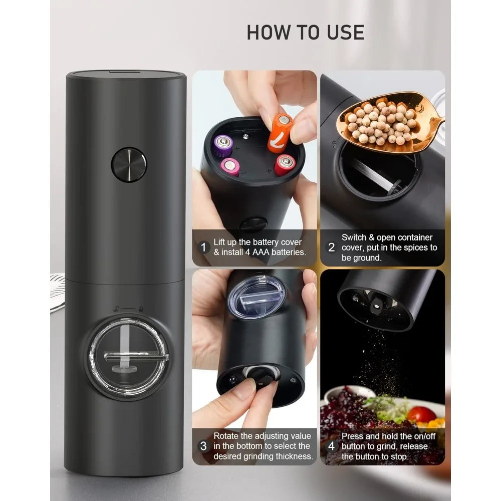 2pcs Electric Pepper & Salt Grinder Set, Battery Powered Adjustable Mill