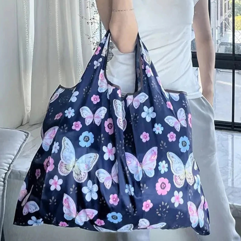 Reusable Folding Shopping Bag - Supermarket Tote with Strawberry Print