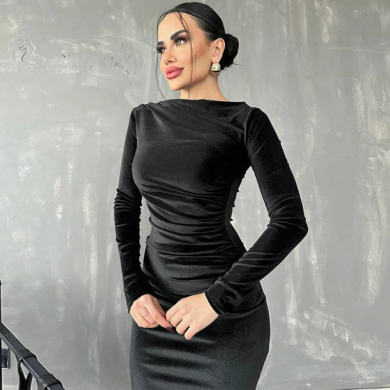 Velvet Midi Dress - Ruched Long Sleeve Evening Outfit