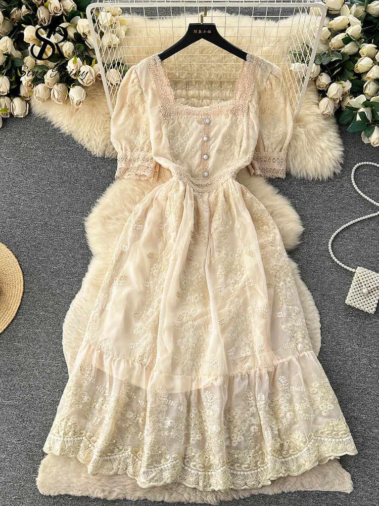SINGREINY Lace Embroidery Long Dress - French Vintage Floral Midi Sundress