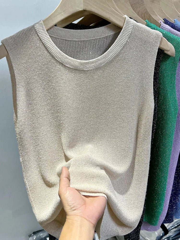 Women Knitted Green Tank Tops - O-Neck Sleeveless Casual Tees