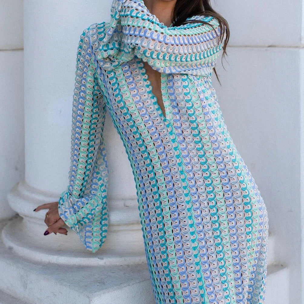 Sexy Rainbow Deep V Neck Split Long Dress - Y2K Knitted Party Dress