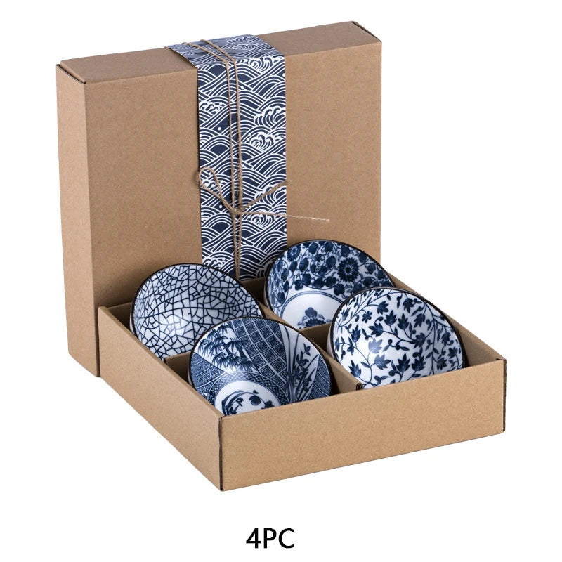 Minimalist Blue Ceramic Dinner Bowl, (300ml) Authentic Flowered Pottery Set, Available in 2/4/6 PCS Set