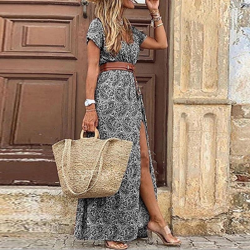 Summer Bohemian V-Neck Long Dress - Floral Print Beach Maxi Dress