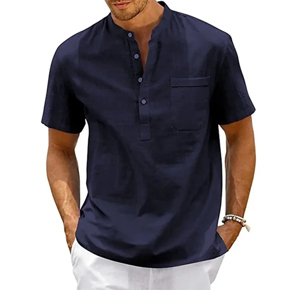 Men's Cotton Linen Henley Shirt - Casual Beach Short Sleeve Top