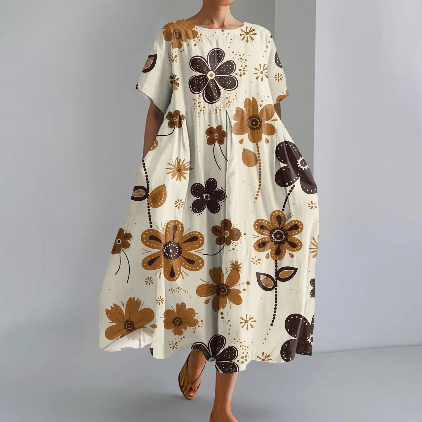 Ladies' Floral Print Maxi Dress - Round Neck Short Sleeve Beach Skirt