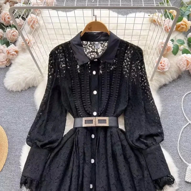 OCEANLOVE Lace Hollow Out Dress - Elegant Black Long Korean Style