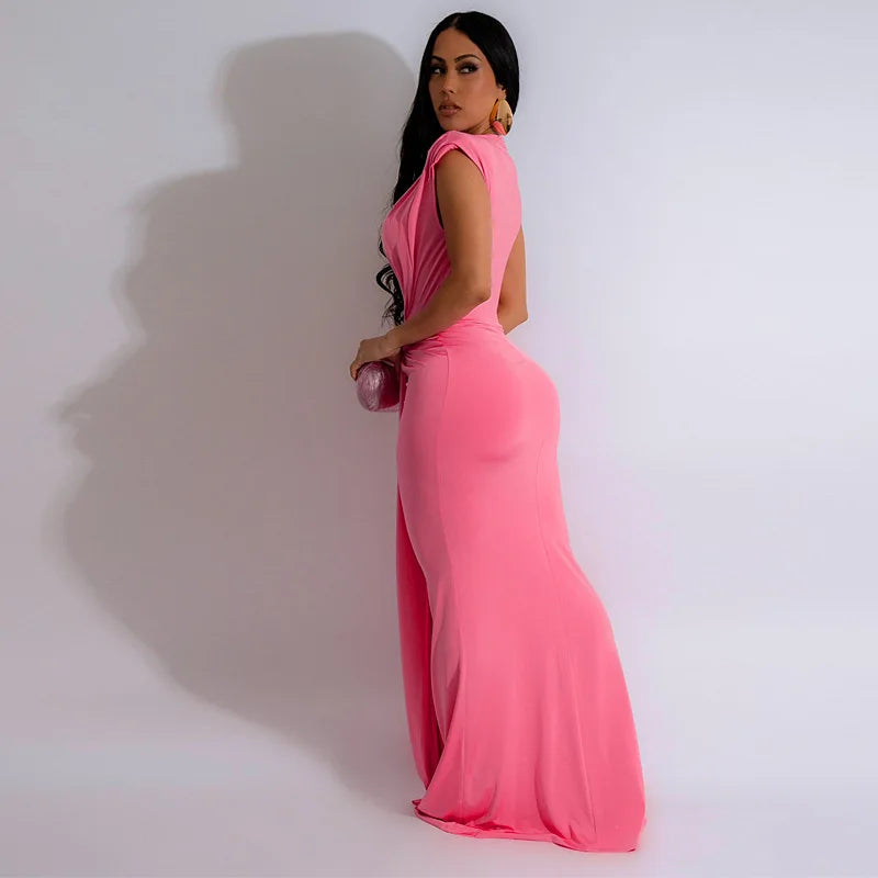 Summer Solid Color High Waisted Long Dress - Deep V-Neck Short Sleeve