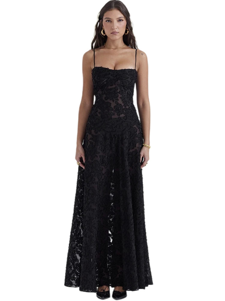 Women's Sheer Lace Boho Maxi Dress - Sleeveless Spaghetti Strap Party Dress