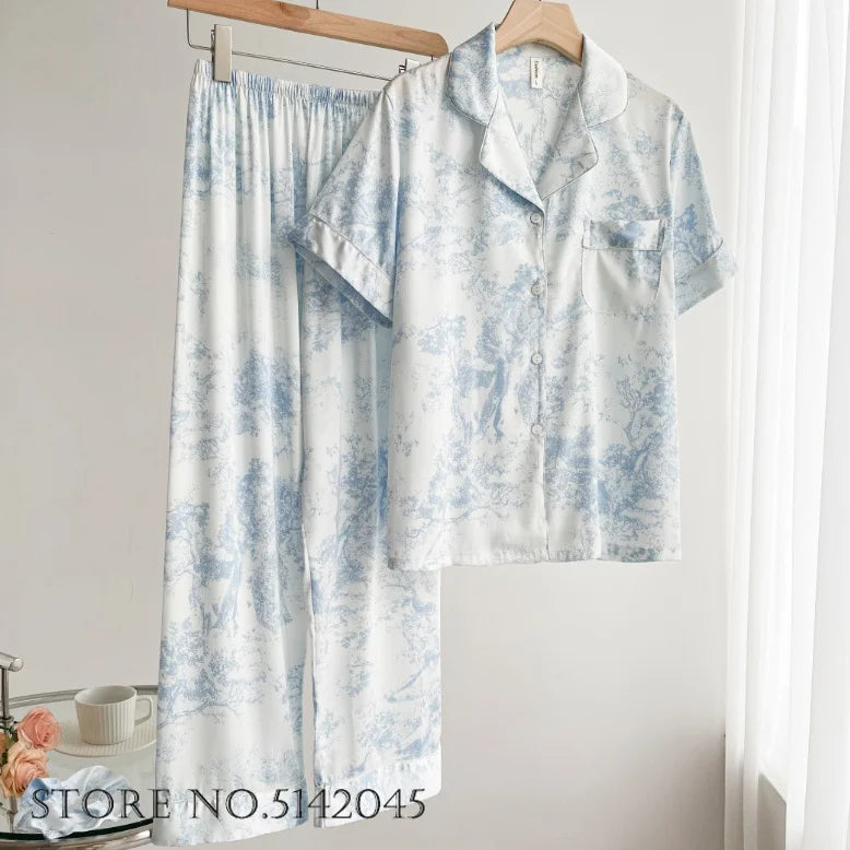 Fashion Print Flower 2PCS Pajamas Set - Women's Spring Summer Lounge Wear