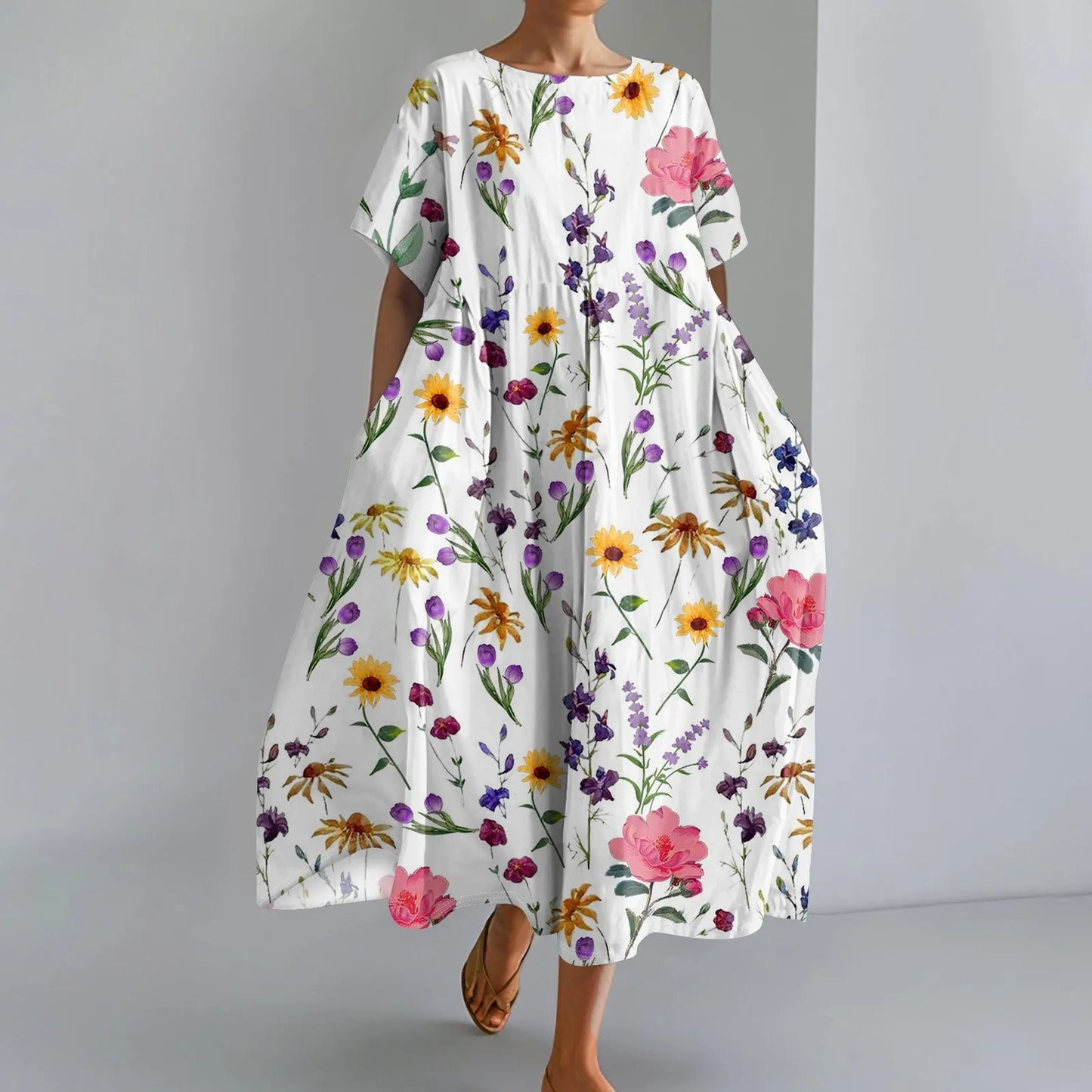 Ladies' Floral Print Maxi Dress - Round Neck Short Sleeve Beach Skirt