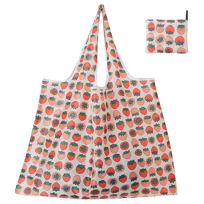 Reusable Folding Shopping Bag - Supermarket Tote with Strawberry Print