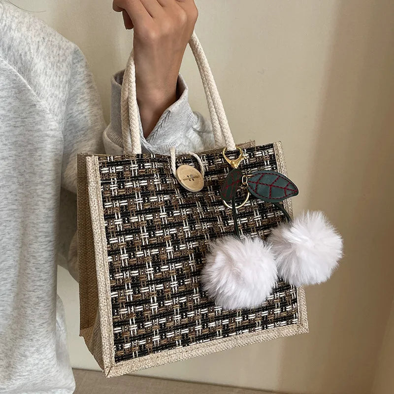 Jute Tote Bag - Woven Linen Handbag for Grocery & Lunch