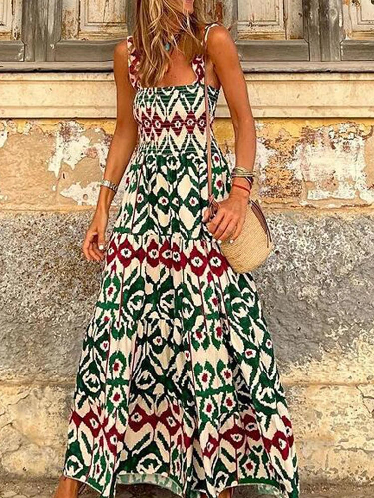 Women's Boho Beach Maxi Dress - Summer Retro Print Long Dress