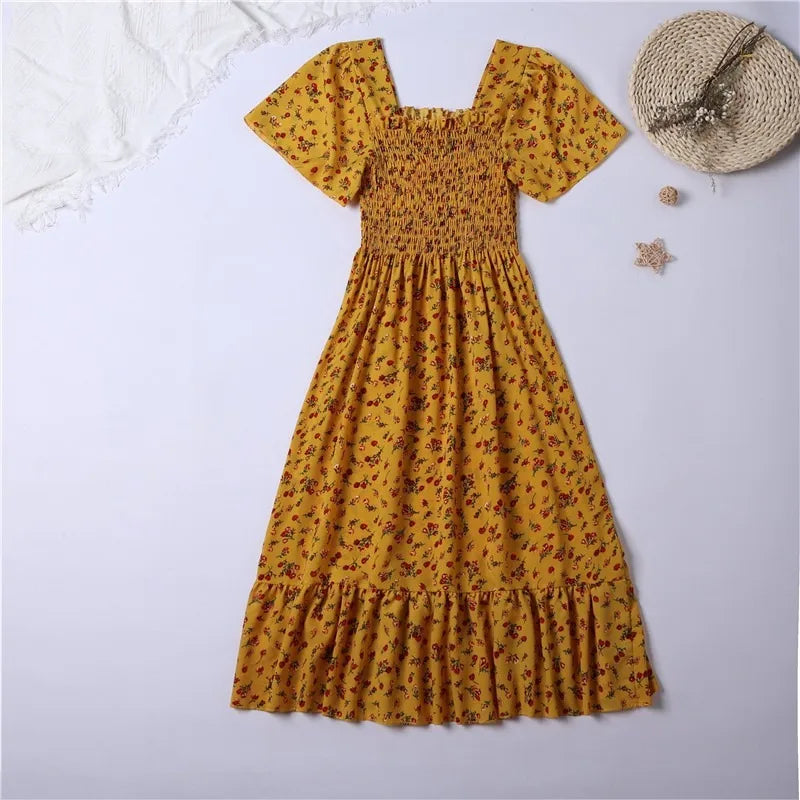 Chiffon Dress - Floral Pleated Midi Dress with Elastic Waist