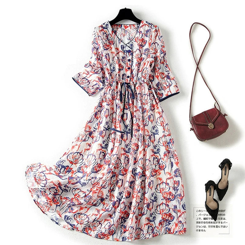 Vintage V-Neck Half Sleeve Long Dress - Drawstring Pockets Women's Dress