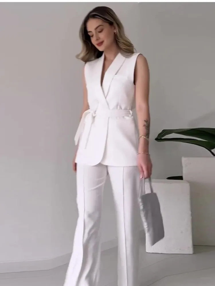 Elegant Solid Color 2-Piece Suit - Sleeveless Top with Long Pants