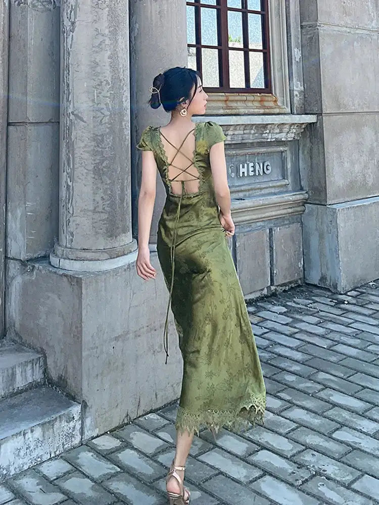 Turquoise Green V-Neck Backless Satin Jacquard Long Dress