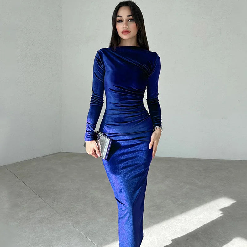 Velvet Midi Dress - Ruched Long Sleeve Evening Outfit