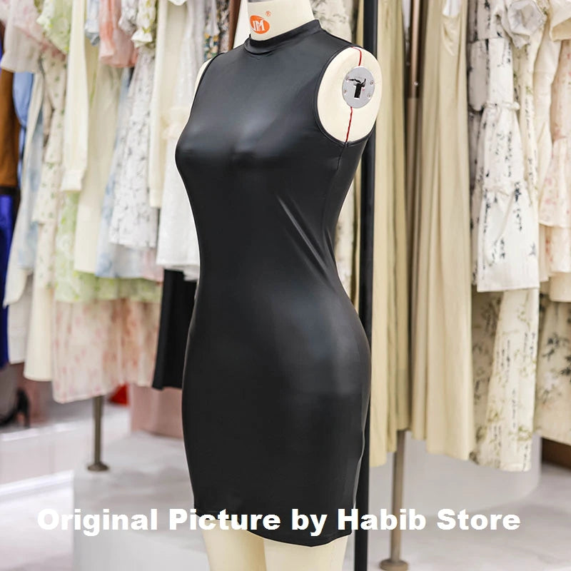 Sexy Sleeveless PU Leather Bodycon Mini Dress