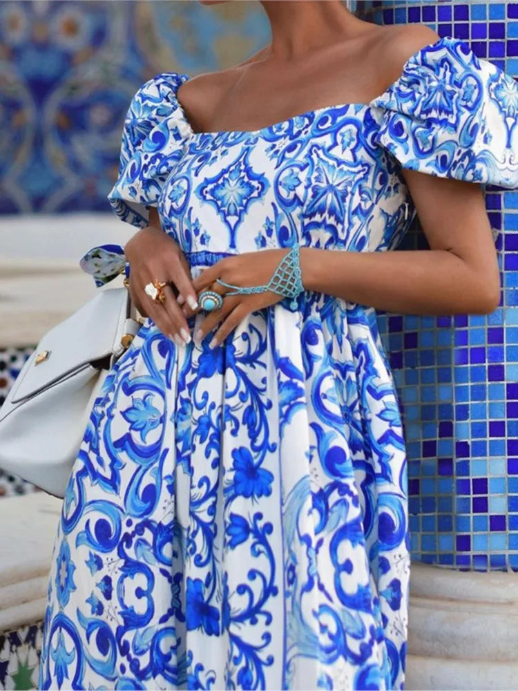 Summer Boho Print Maxi Dress - Puff Sleeve Off Shoulder Beach Dress
