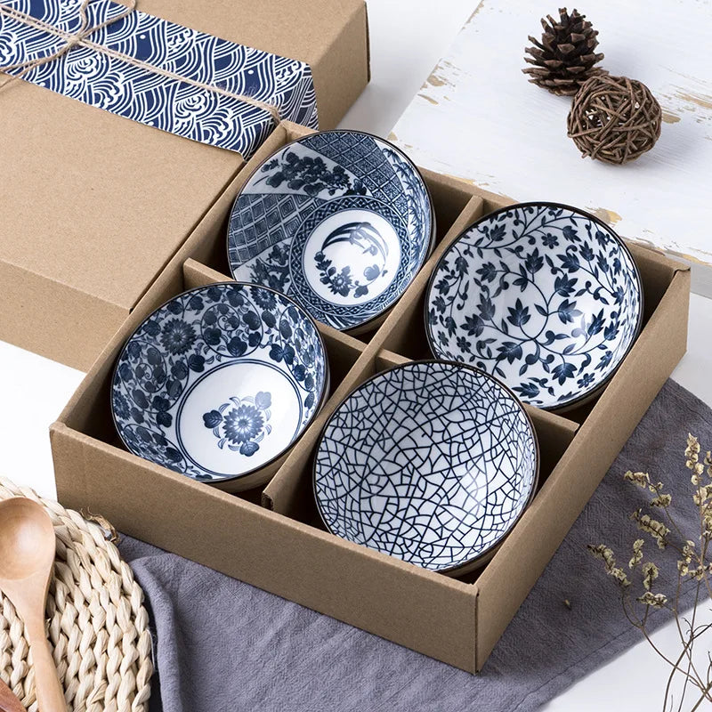 Minimalist Blue Ceramic Dinner Bowl, (300ml) Authentic Flowered Pottery Set, Available in 2/4/6 PCS Set