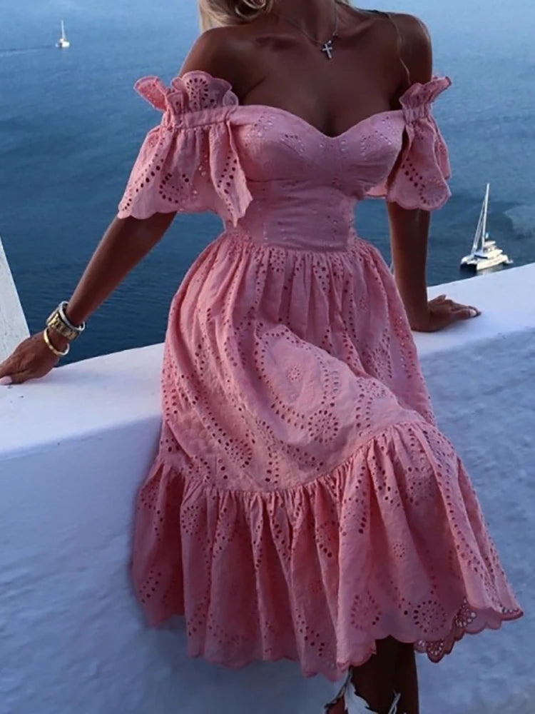 Women's Off Shoulder Lace Long Dress - Boho Summer Party Dress