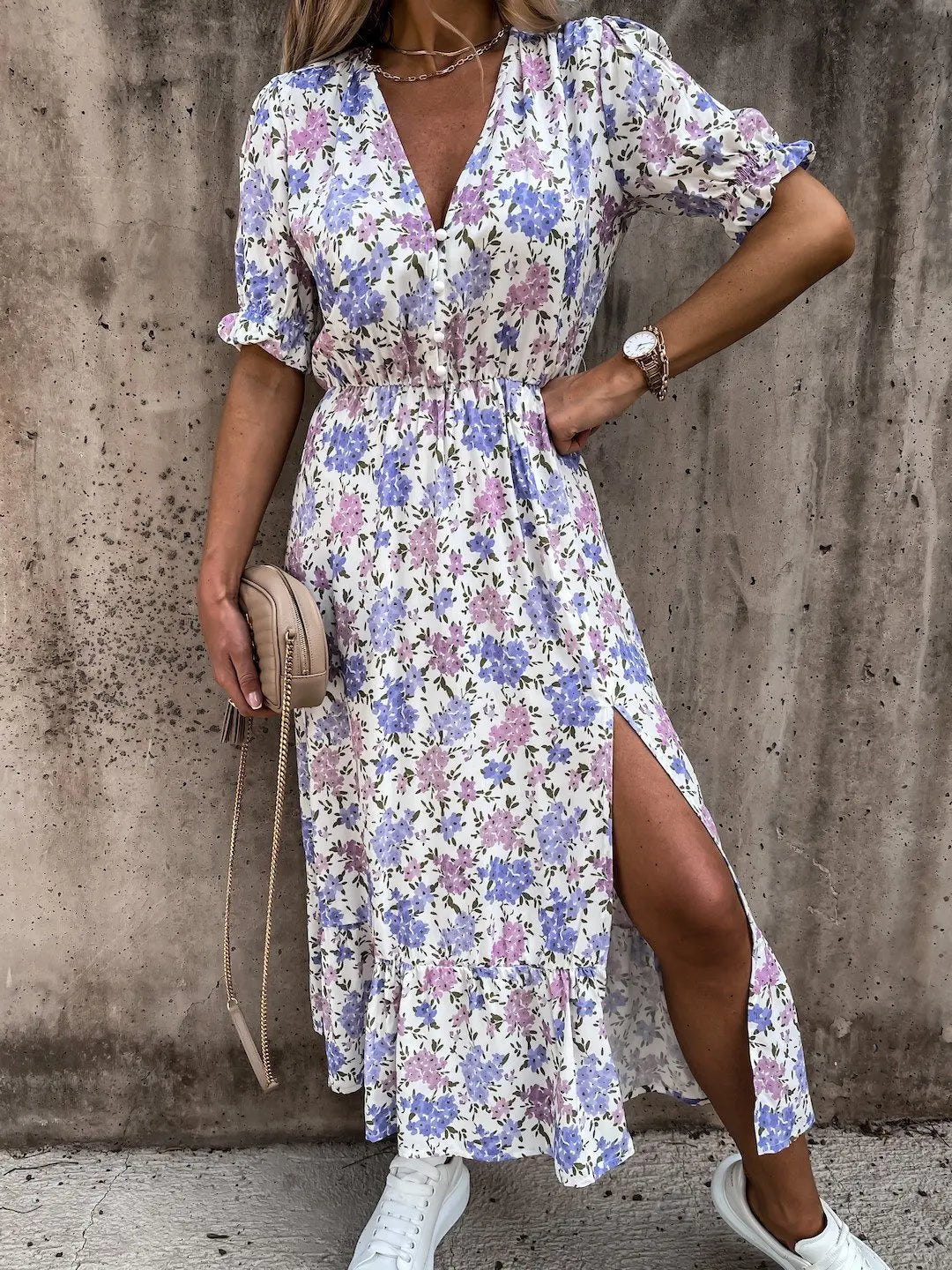 Summer Floral Print V-Neck Long Dress - Elegant Party Dress