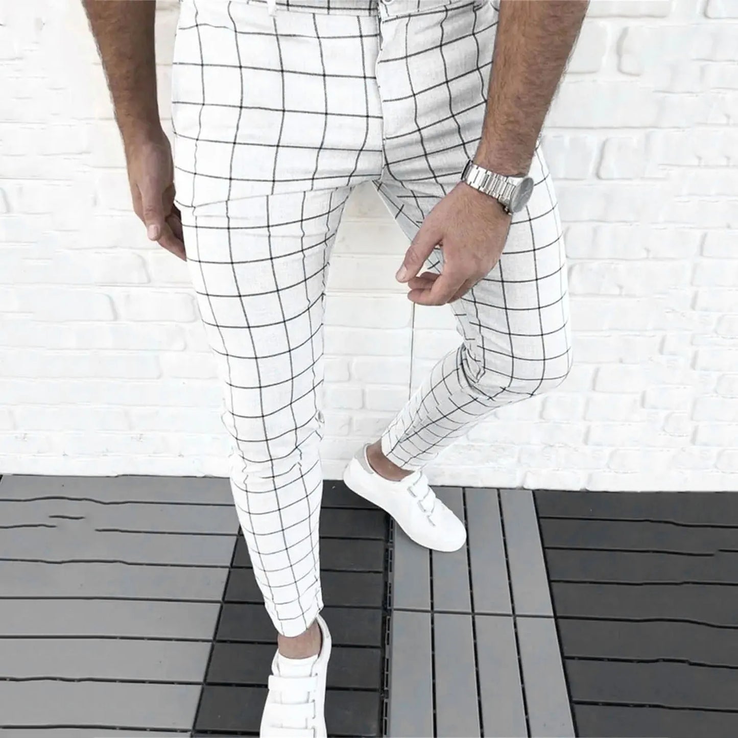 Spring Men Pencil Pants - Slim Fit Plaid Print Trousers