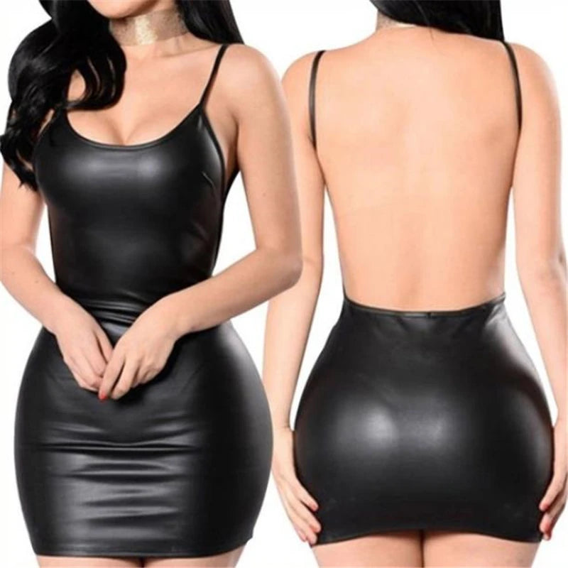 Sexy Faux Leather Backless Dress - Wet Look Latex Mini Dress