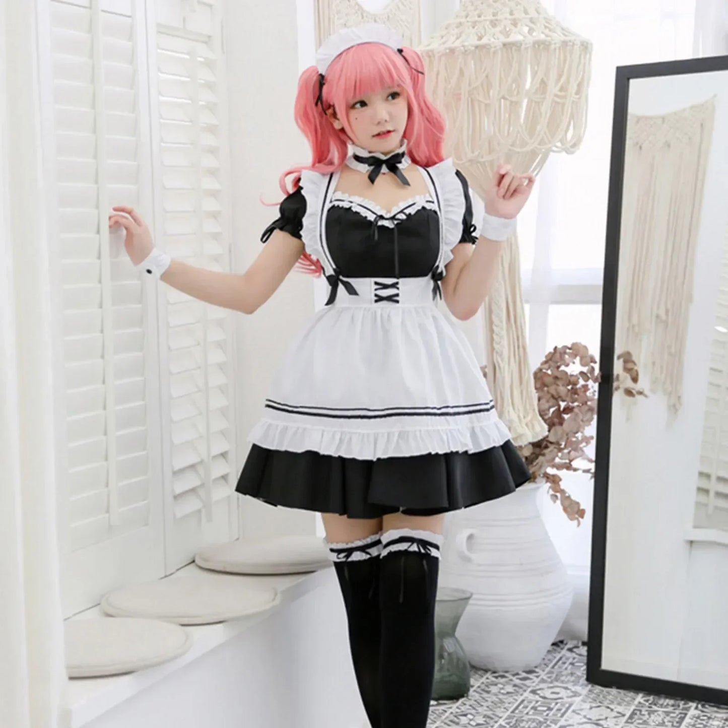 Black Pink Lolita Maid Costume - Cute Girls Women Cosplay Outfit