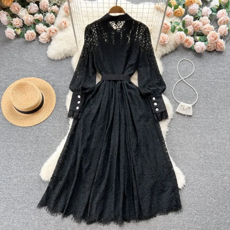 OCEANLOVE Lace Hollow Out Dress - Elegant Black Long Korean Style