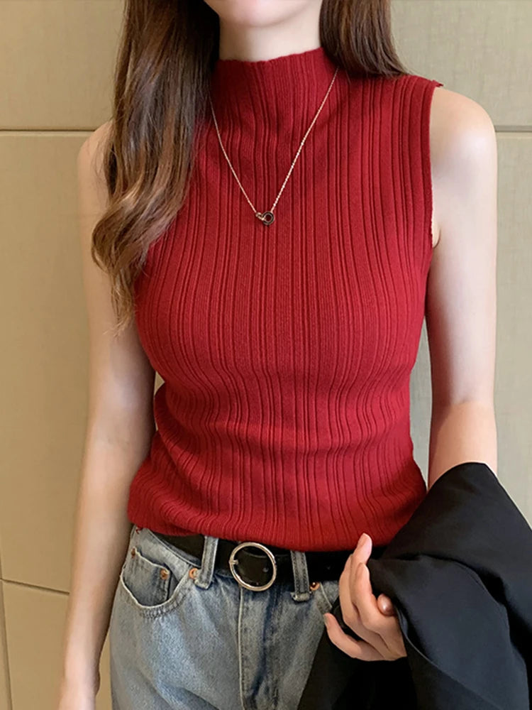 Women Knitted Tank Tops - Thin Basic Casual Sleeveless Tees