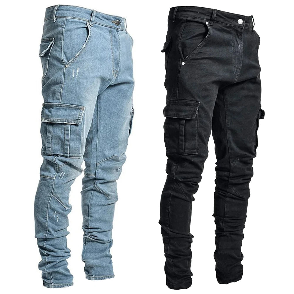 Street Elastic Jeans - Men's Denim Cargo Pants with Multi Pockets