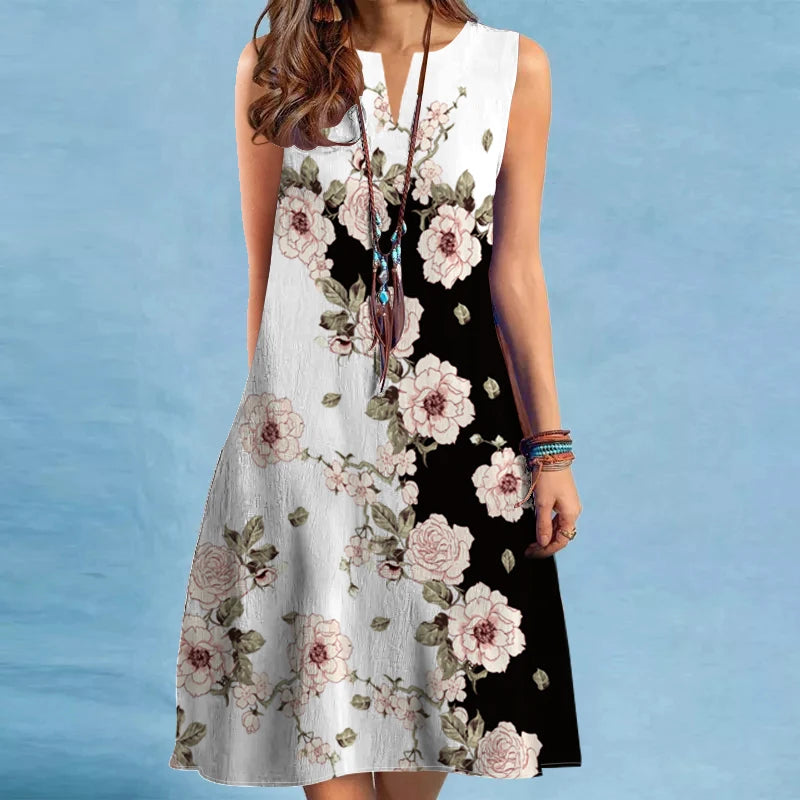 Cross Border V-Neck Sleeveless Dress - Sexy Printed Large