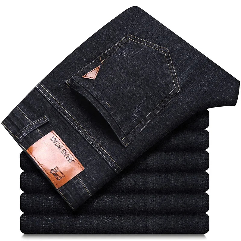 Spring Men's Slim-Fit Denim Pants - Black & Blue Classic Jeans