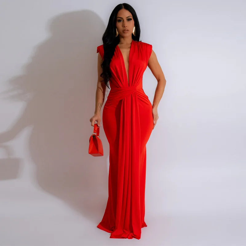 Summer Solid Color High Waisted Long Dress - Deep V-Neck Short Sleeve