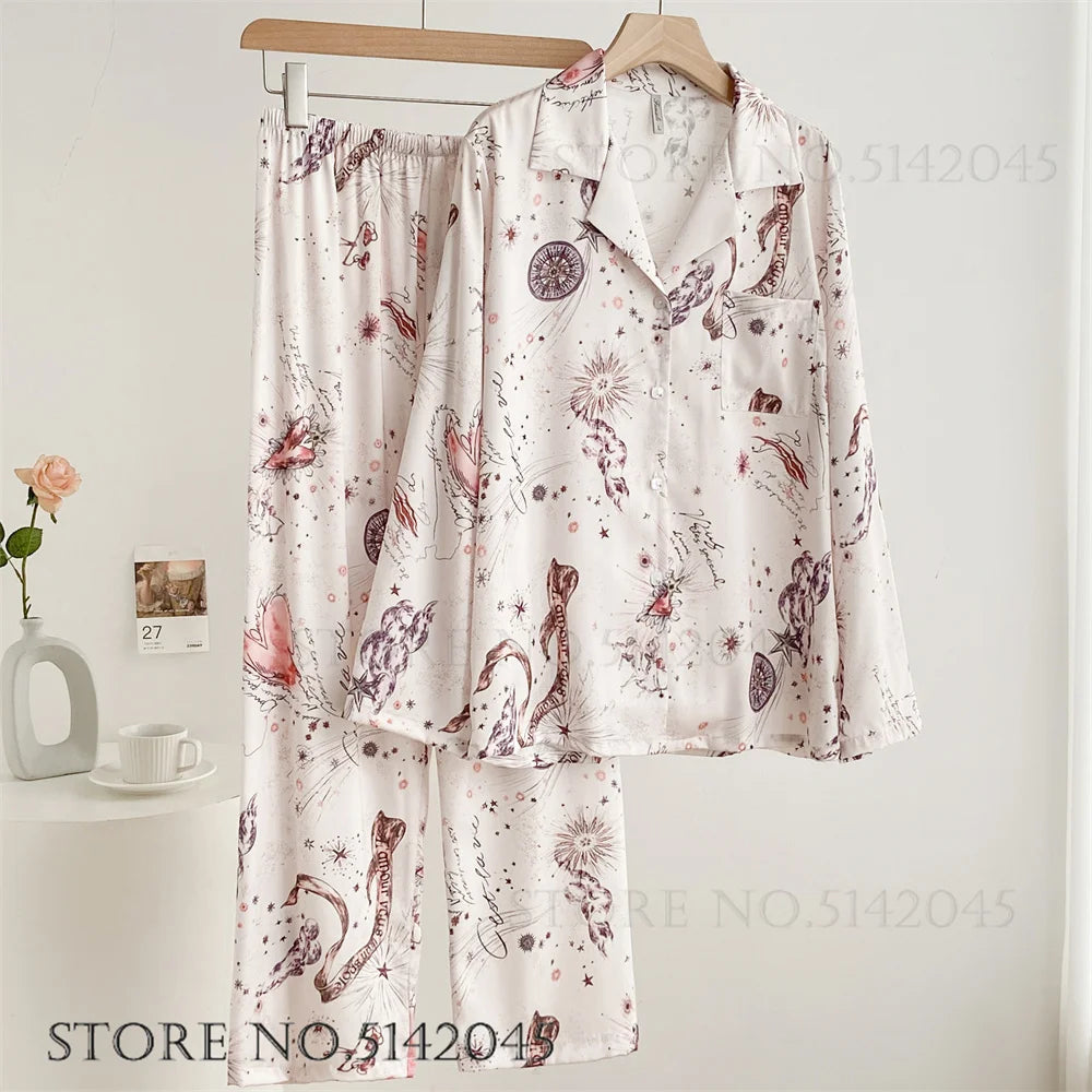 Fashion Print Flower 2PCS Pajamas Set - Women's Spring Summer Lounge Wear