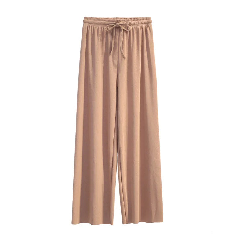 Women Ankle-Length Wide Leg Pants - Casual Summer Elastic Waist Ice Silk Trousers