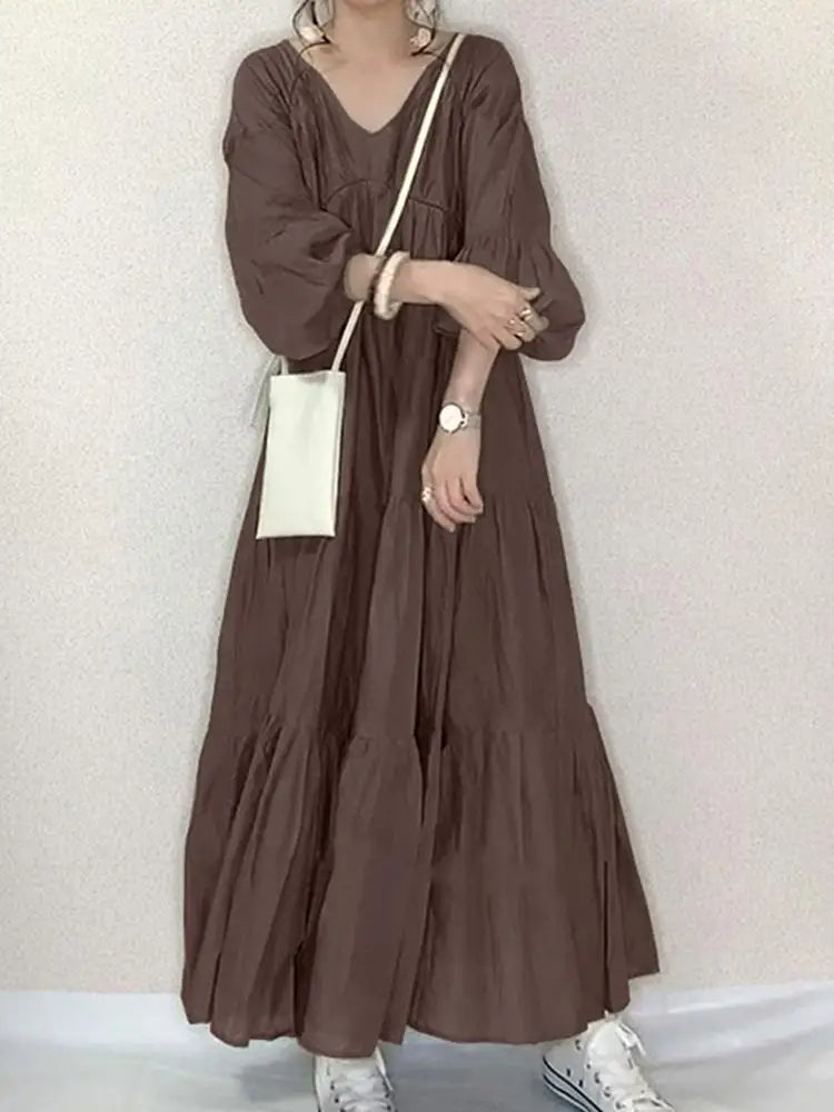 ZANZEA Women Autumn Long Dress - V-Neck Puff Sleeve Maxi Dress