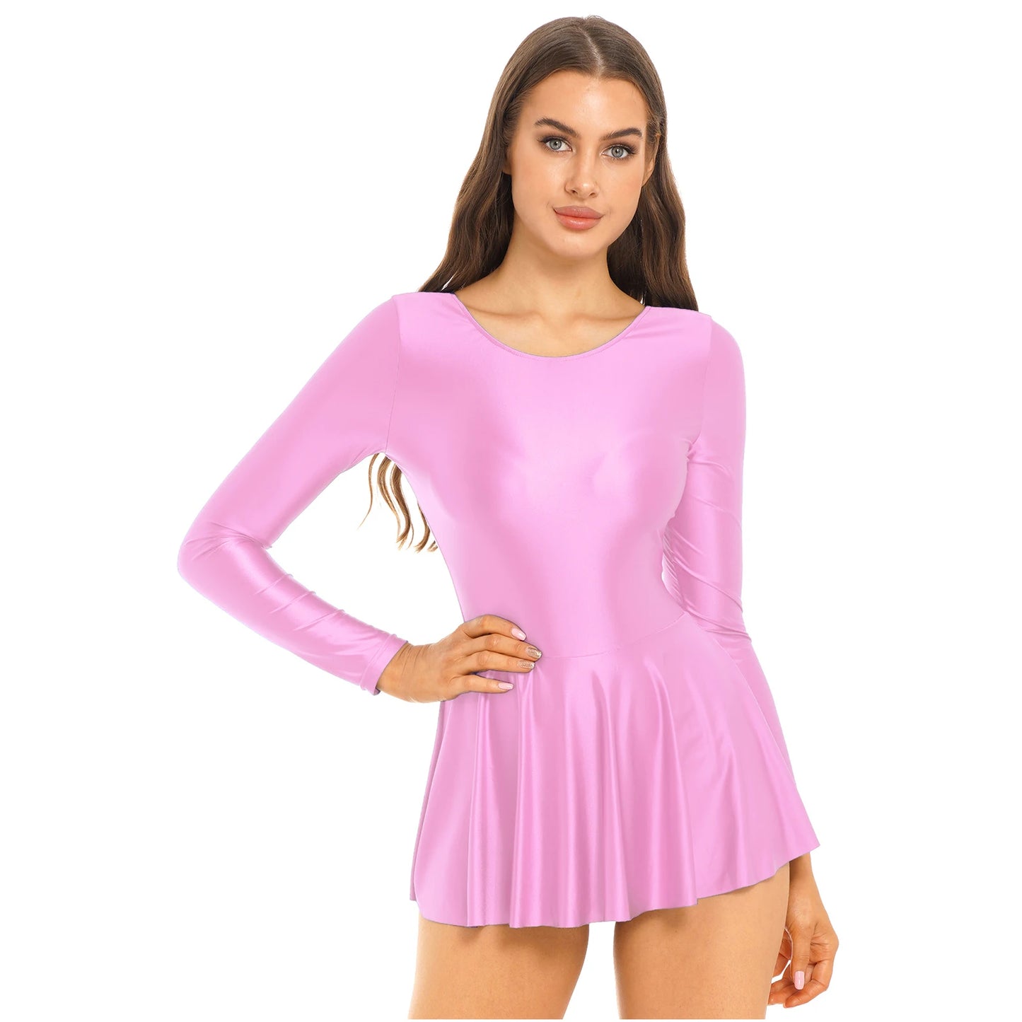 Women's Solid Color Long Sleeve Ruffled Dress - Round Neck