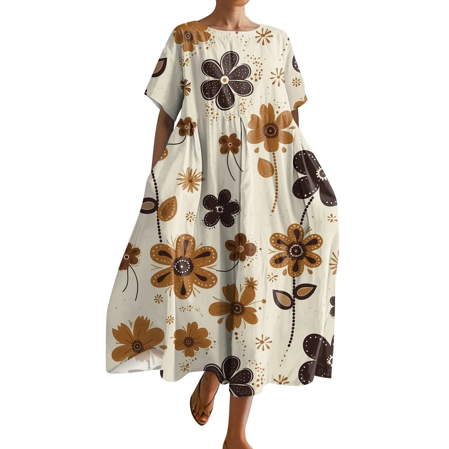 Ladies' Floral Print Maxi Dress - Round Neck Short Sleeve Beach Skirt
