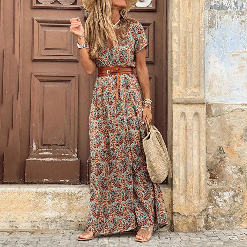 Summer Bohemian V-Neck Long Dress - Floral Print Beach Maxi Dress
