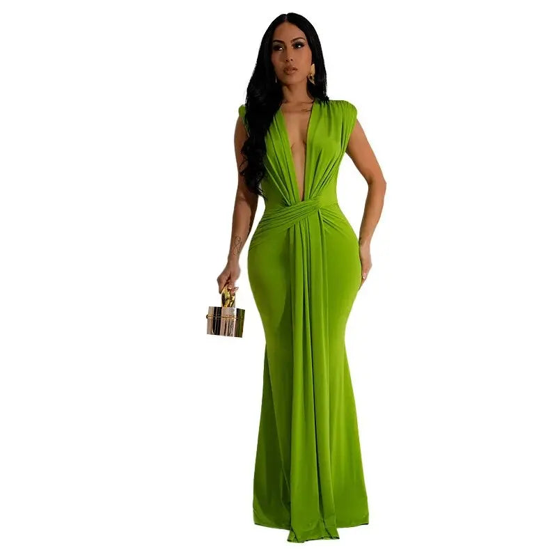 Summer Solid Color High Waisted Long Dress - Deep V-Neck Short Sleeve
