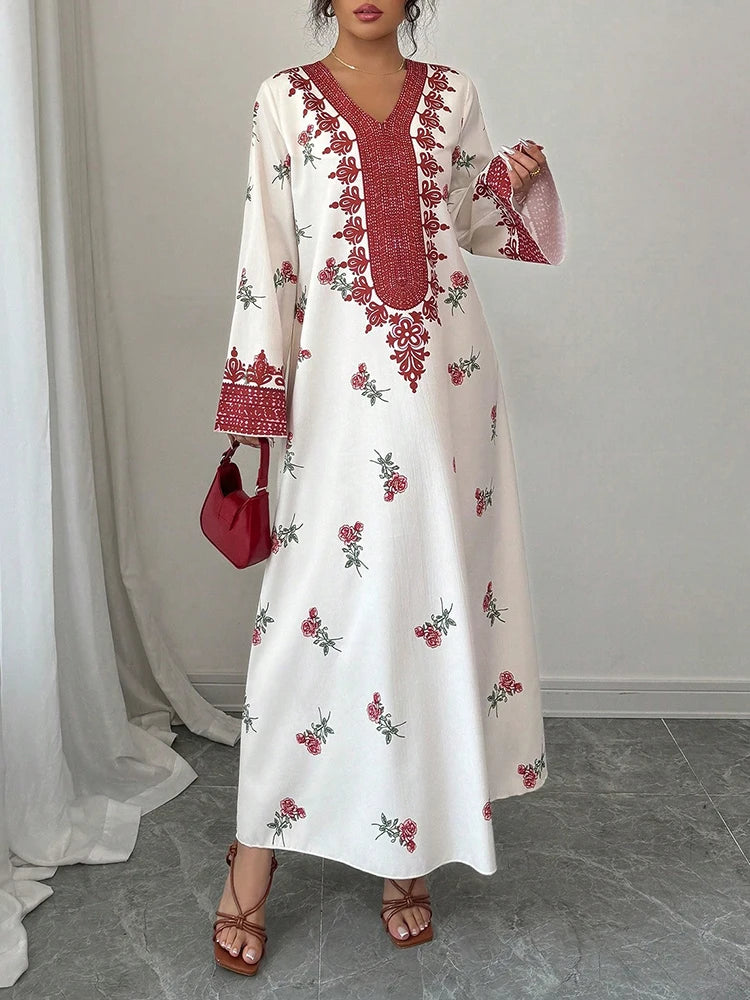 Essentials Women's Jalabiya - Floral Appliques Long Sleeve V-Neck Islamic Dress