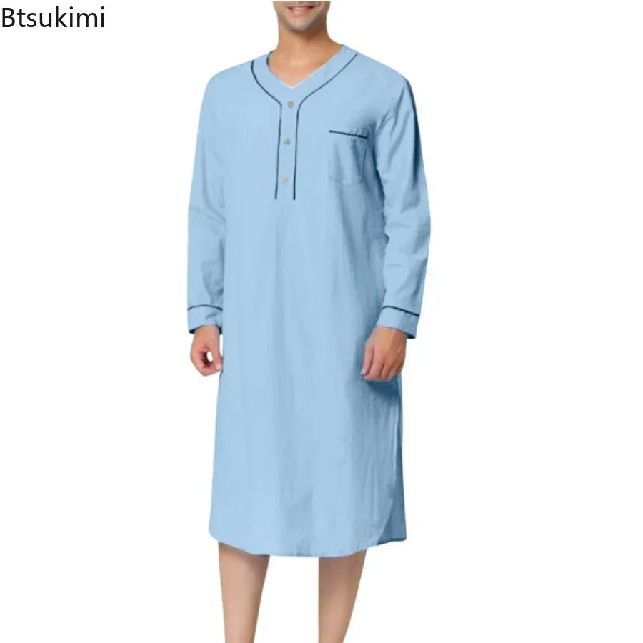 New 2025 Men Jubba Thobe Solid Color Pajamas Fashion Solid Loose Muslim Robe Long-sleeved Nightgown Bathrobes Mens Muslim Kaftan