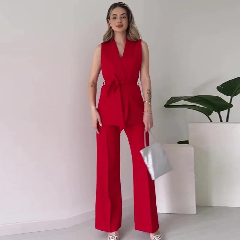 Elegant Solid Color 2-Piece Suit - Sleeveless Top with Long Pants