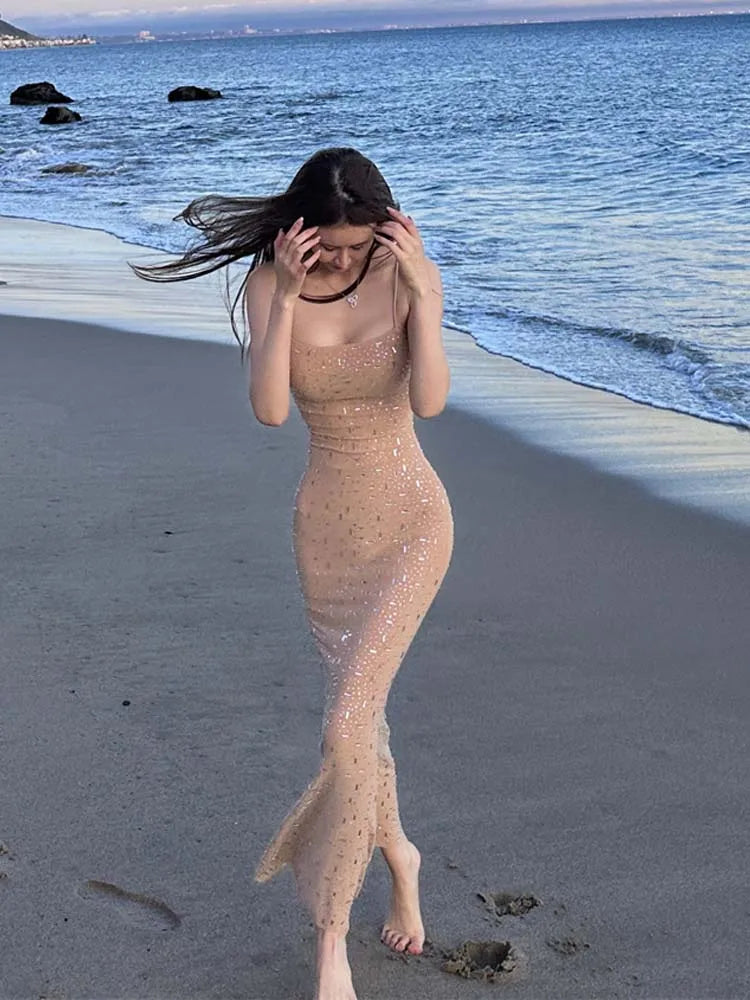 Sexy Mesh Rhinestone Bodycon Dress - Sleeveless Long Dress