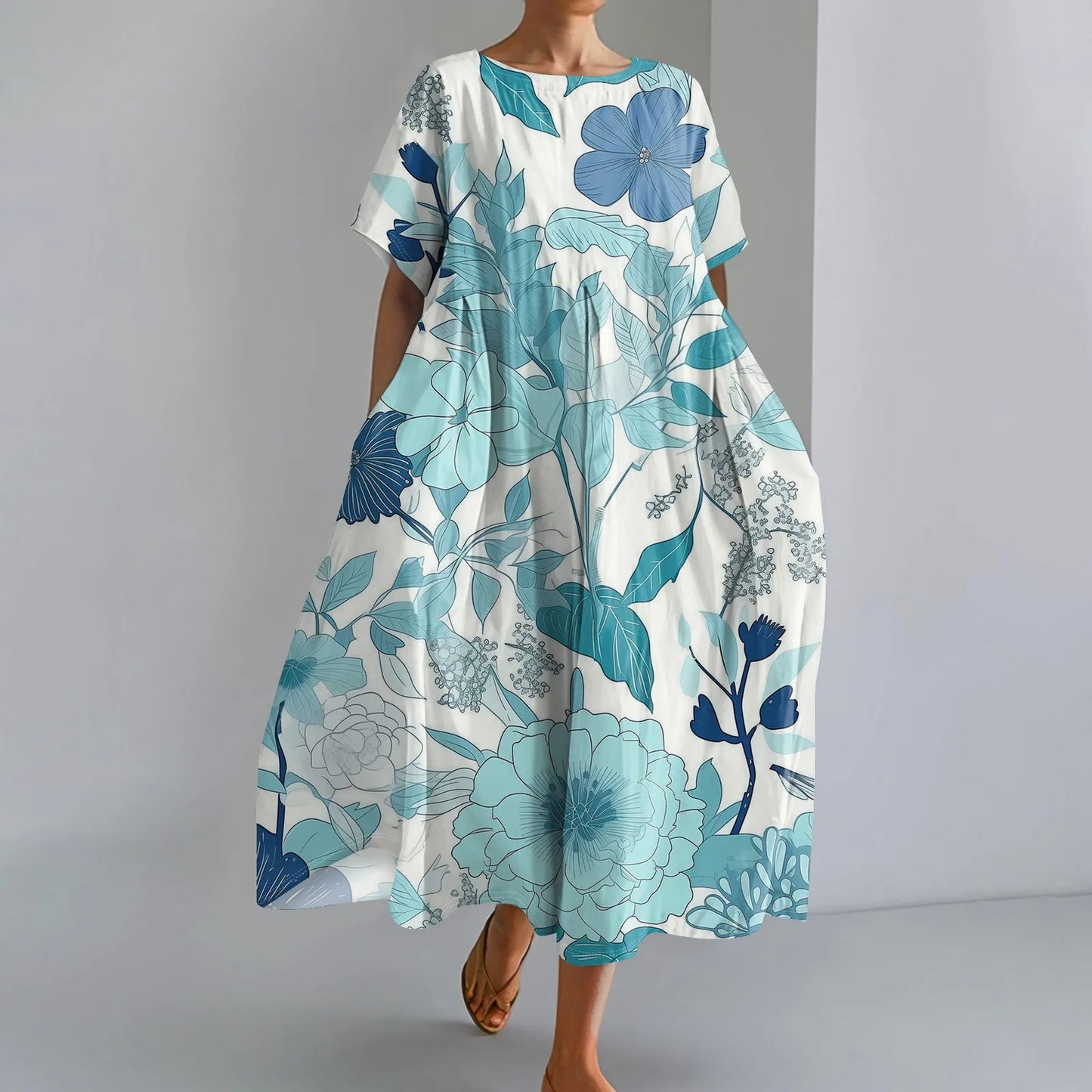 Ladies' Floral Print Maxi Dress - Round Neck Short Sleeve Beach Skirt