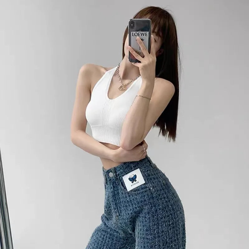 Women's Summer Cross Halter Knitted Tops - V-Neck Sexy Camisole Crop Tops